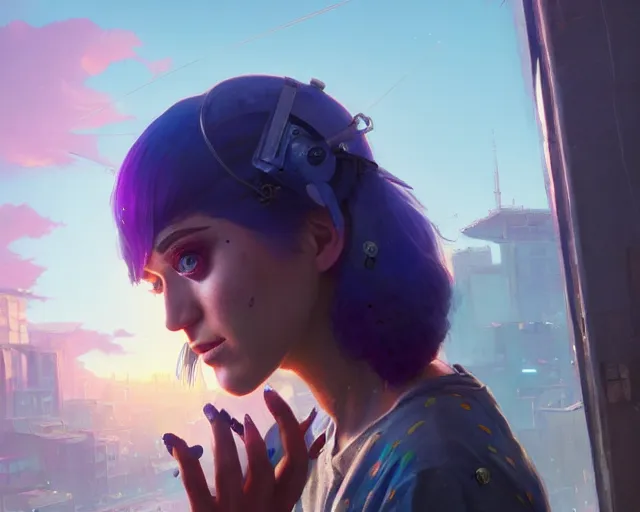 Image similar to Highly detailed portrait of homeless cyborg Katy Perry, in GTA V, Stephen Bliss, unreal engine, fantasy art by Greg Rutkowski, Loish, Rhads, Makoto Shinkai and Lois van baarle, ilya kuvshinov, rossdraws, Tom Bagshaw, global illumination, radiant light, detailed and intricate environment