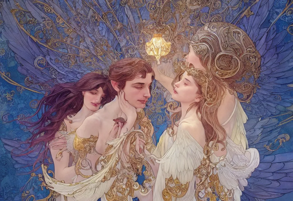 Image similar to a couple with wings, highly detailed, very intricate, art nouveau, gold filigree, romantic storybook fantasy, soft cinematic lighting, award - winning, disney concept art watercolor illustration by mandy jurgens and alphonse mucha and alena aenami, pastel color palette, featured on artstation