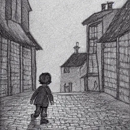 Image similar to rich detailed pencil drawing of little nicholas walking along a lonely village street, by jean - jacques sempe, by rene goscinny