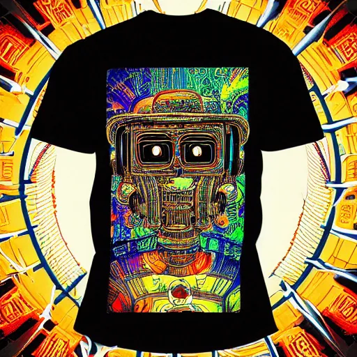 Image similar to a black tshirt with a hyperdetailed portrait of a meditating steampunk robot by robert crumb, 8 k, symetrical, flourescent colors, happy trippy mood, multicolored,