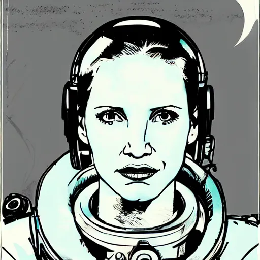 Image similar to portrait of Jessica Chastain as an astronaut character in the style of Death Stranding by Yoji Shinkawa and Ashley Wood