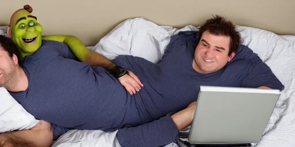 Image similar to Shrek laying on his bed with a laptop on his chest