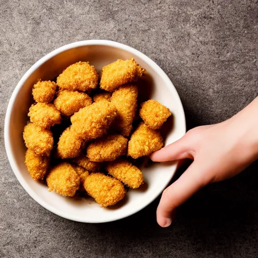 Image similar to rotten human hand picking up a moldy chicken nugget in a bowl of regular chicken nuggets, hd, 4k image