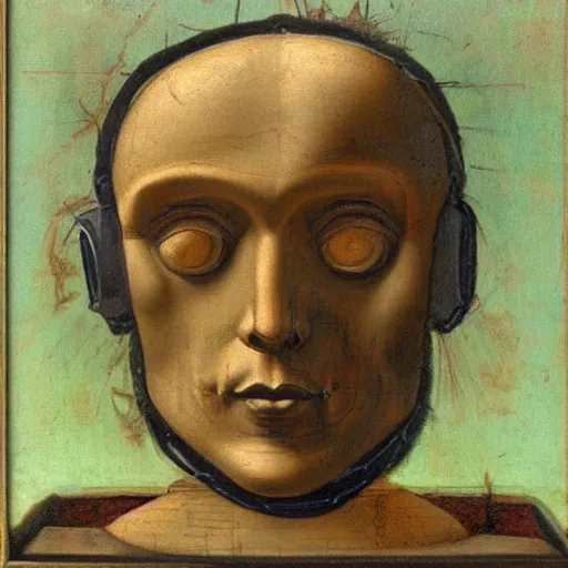 Image similar to an oil painting in the style of leonardo da vinci of half robot half man, indicating to ai