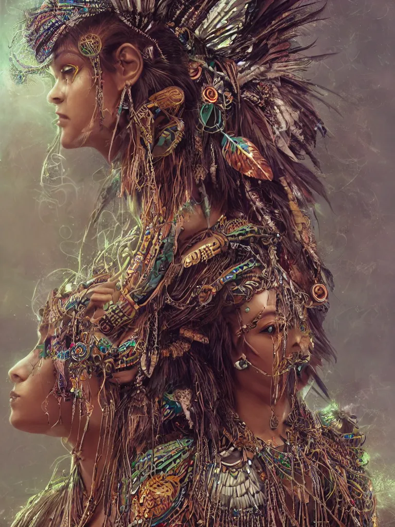 Image similar to a photo of a mystical tribal shaman adorned with feathers and gemstones and cables and synthesizer parts is surrounded by sacred geometry made from elven architecture, full body, gorgeous, perfect face, powerful, cinematic, beautifully lit, by artgerm, by karol bak, 3 d, trending on artstation, octane render, 8 k