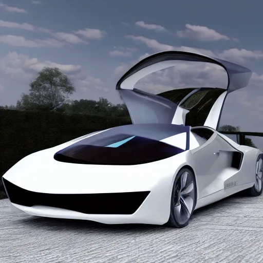 Image similar to render of futuristic supercar, realistic, clean, detailed, raytracing