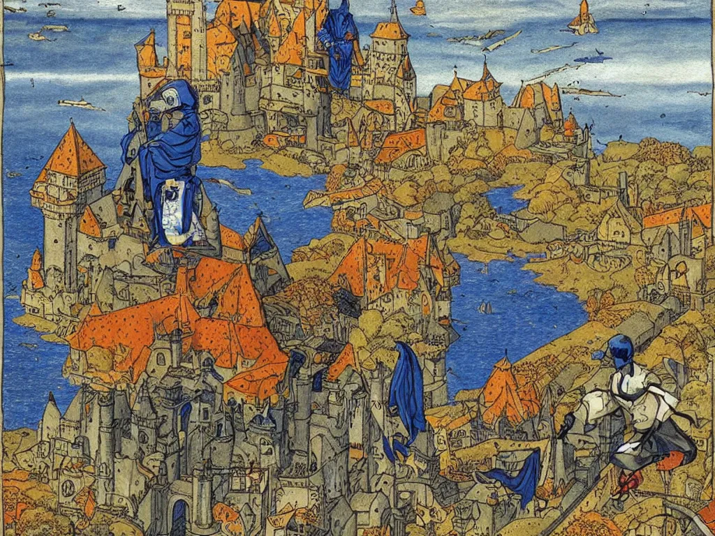 Image similar to cyberpunk king man with hovercraft at a castle in autumn. painting by limbourg brothers, moebius