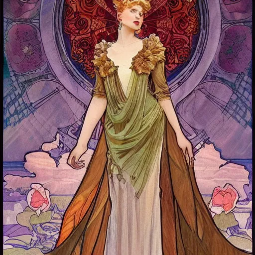 Image similar to alexander Lukashenko in beautiful dress. mucha style. epic composition. highly detailed.