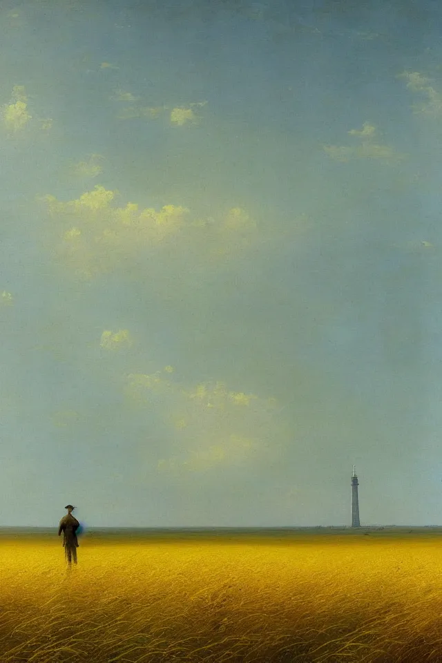 Image similar to painting of the back view of a humanoid robot, standing in the vast yellow wheat fields, looking at many distant gargantuan tall buildings by Ivan Aivazovsky