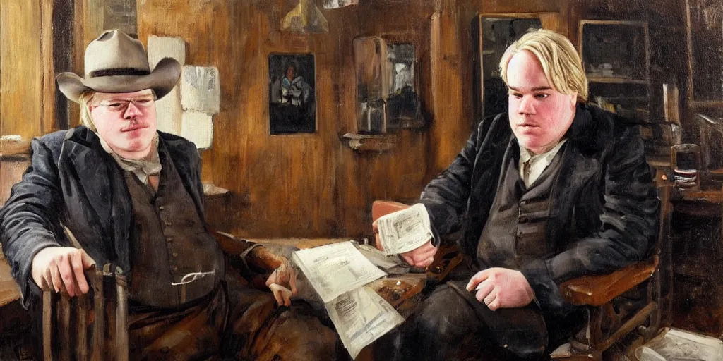 Prompt: oil painting of one Phillip Seymour Hoffman as an old west banker in a busy old west town