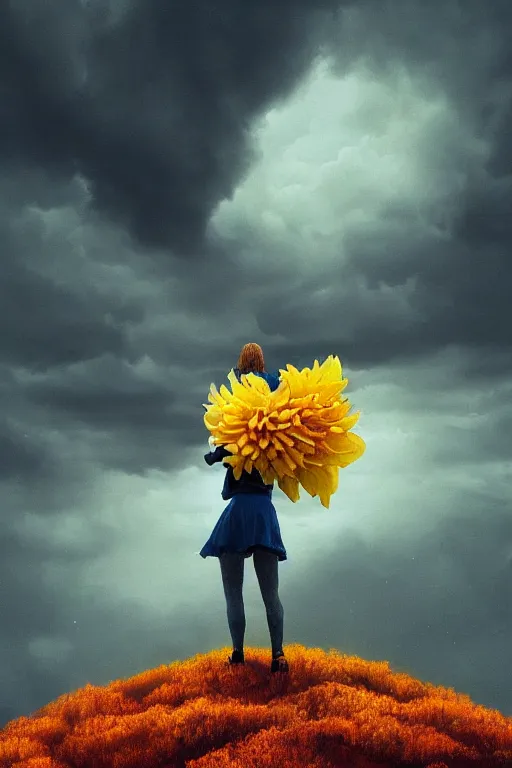 Image similar to closeup girl with huge yellow dahlia flower face, intricate, standing on mountain, surreal photography, blue storm clouds, dramatic light, impressionist painting, digital painting, artstation, simon stalenhag