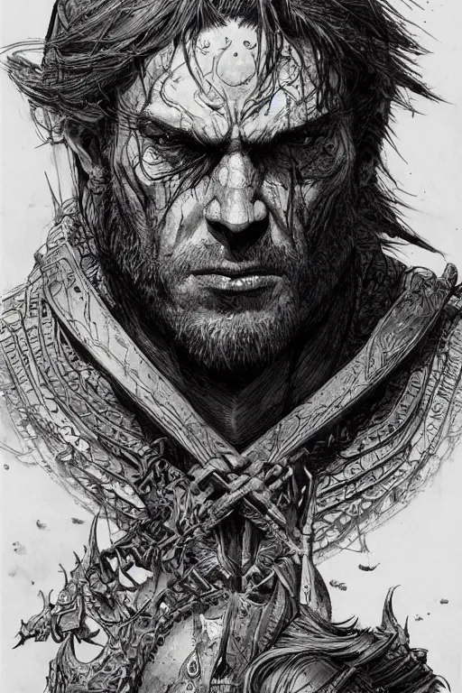 Prompt: Portrait of male dnd barbarian, pen and ink, intricate line drawings, by John Harris, Emil Melmoth, Craig Mullins, yoji shinkawa , artstation, moebius comic, Marc Simonetti, Ian McQue, Kentaro Miura, hyper detailed, cinematic