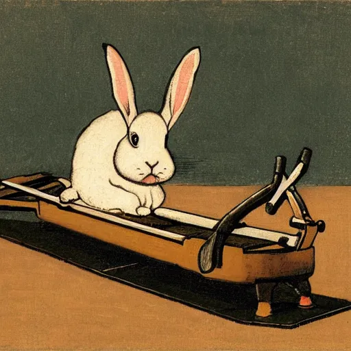 Prompt: a rabbit using a rowing machine, in the style of ilya repin