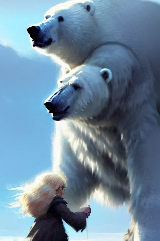 Image similar to comic book cover. giant fluffy polar bear ridden by a small girl by greg rutkowski, trending on artstation