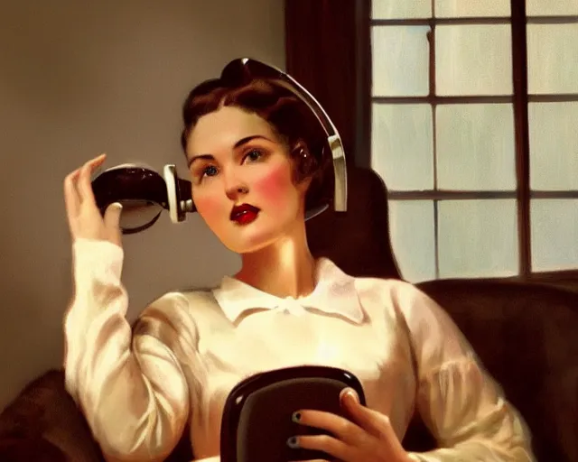 Image similar to beautiful vintage woman sitting in a loveseat using a rotary phone, cinematic lighting, George Stubbs, artstation