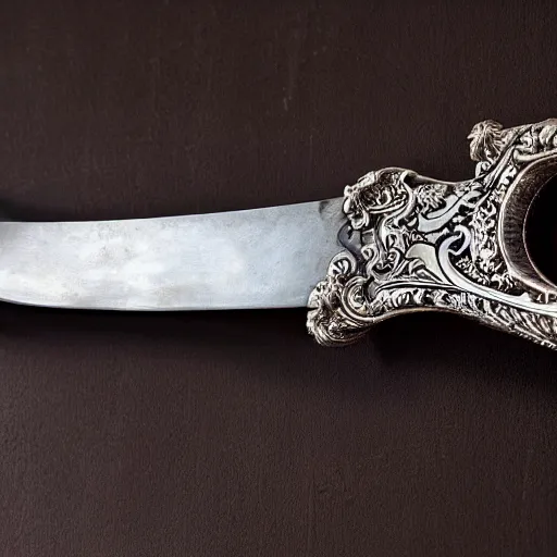 Image similar to sword of justice hanging on a wall, ornate gem in pommel, engraved blade