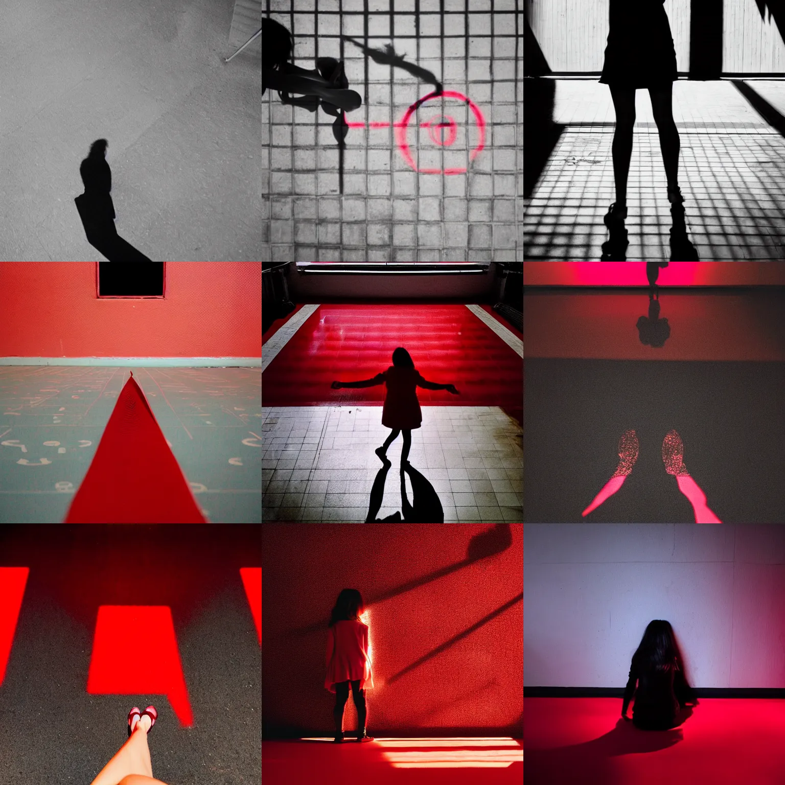 Prompt: she sees her own shadow cast in red light and outlined on the floor below her, what she sees is beautiful