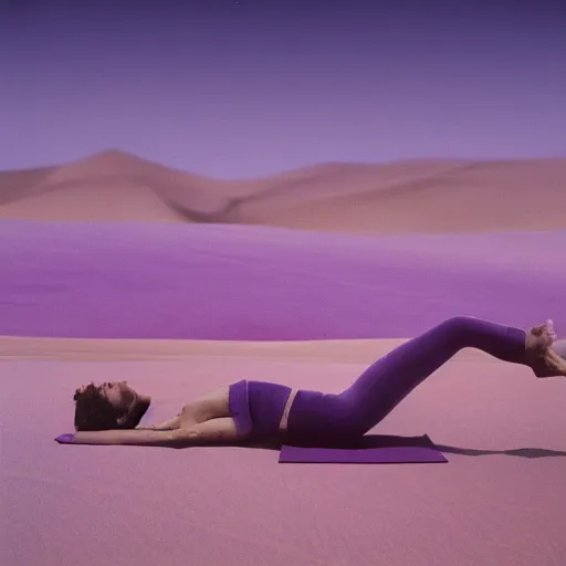 Prompt: cinestill medium view of iridiscent oil spill in desert dunes of sand tempest with women corpses connected by cables and computers to wax forms to a buried baby relaxing on yoga mat, faded, purple gradient, dust, purple fog, depth of field, by werner herzog, hans bellmer and nadav kander, 8 k, sad atmosphere, cinematic