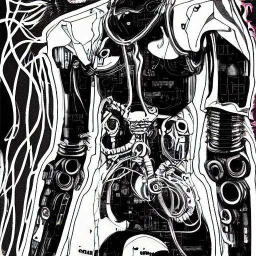 Image similar to horrific cyberpunk robot human cyborg, flesh and bones exposed, junji ito style manga drawing, highly detailed