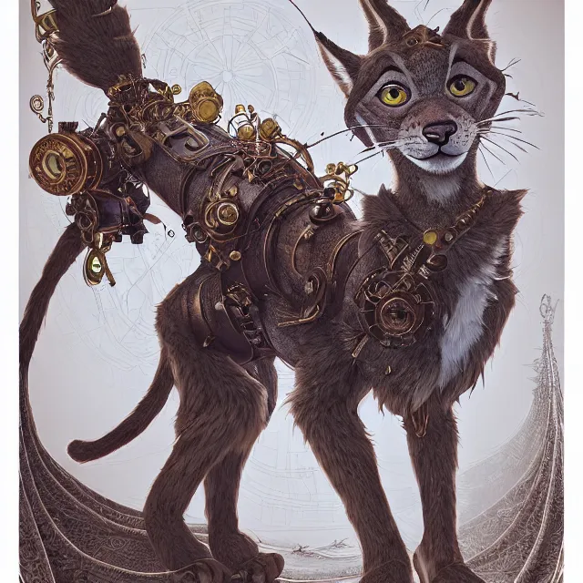 Image similar to the portrait of anthropomorphic lynx fursona wearing a steampunk dress as unimaginably beautiful, gorgeous, elegant, young lynx, an ultrafine hyperdetailed illustration by kim jung gi, irakli nadar, intricate linework, bright colors, octopath traveler, final fantasy, unreal engine 5 highly rendered, global illumination, radiant light, detailed and intricate environment