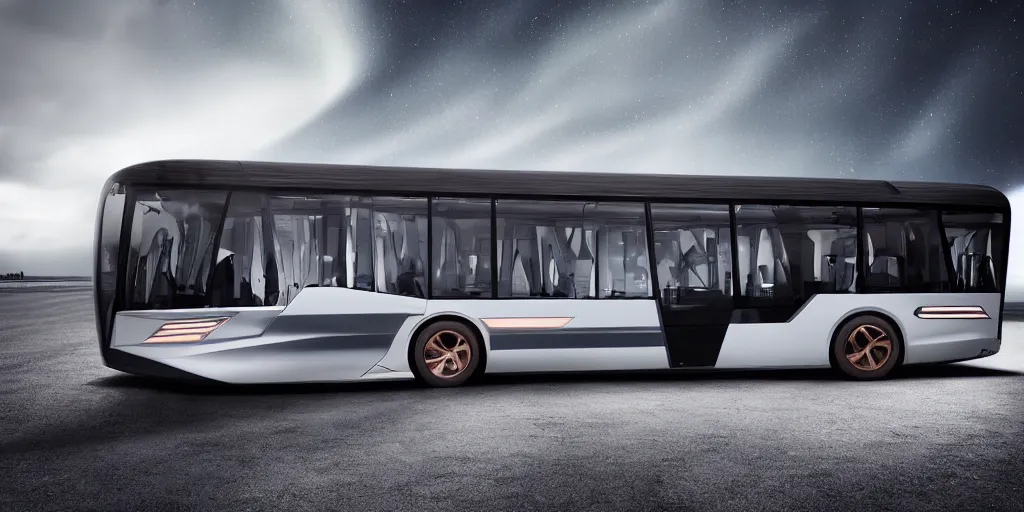 Image similar to a design of a futuristic bus, designed by Polestar and DMC, northern lights background, brushed rose gold car paint, black windows, dark show room, dramatic lighting, hyper realistic render, depth of field
