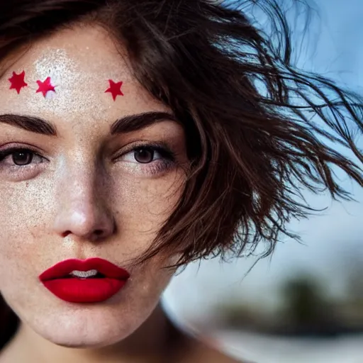 Image similar to close up portrait photo of the left side of the face of a brunette woman with stars inside her eyes, red lipstick and freckles. she looks directly at the camera. Slightly open mouth, face covers half of the frame, with a park visible in the background. 135mm nikon. Intricate. Very detailed 8k. Sharp. Cinematic post-processing. Award winning photography