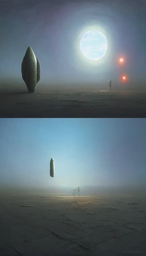 Image similar to spaceship landing mood lighting, soft light, dynamic lighting, complimentary colours, realistic, highly detailed, spooky painting by zdzisław beksinski and greg rutkowskiweta studio, and lucasfilm, colours