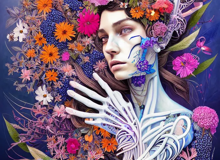 Image similar to a painting of a beautiful cyborg girl with a lot of flowers and blueberries and exotic plants on its head, poster art by android jones, behance contest winner, generative line art, made of flowers, grotesque, concert poster