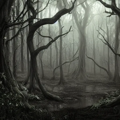 Image similar to mystical magic school in haunted swamp surrounded by dense forest with vines, creepy ambiance, desaturated, highly detailed, sharp focus, by artgerm, cgsociety