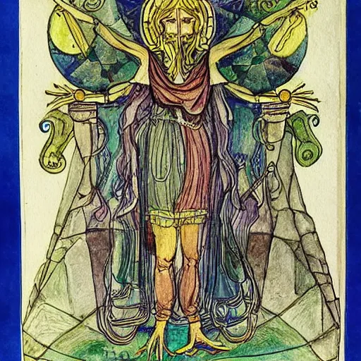 Prompt: an alchemical illustration drawn and painted by Carl Jung, detailed penciling, watercolor, pen and ink,