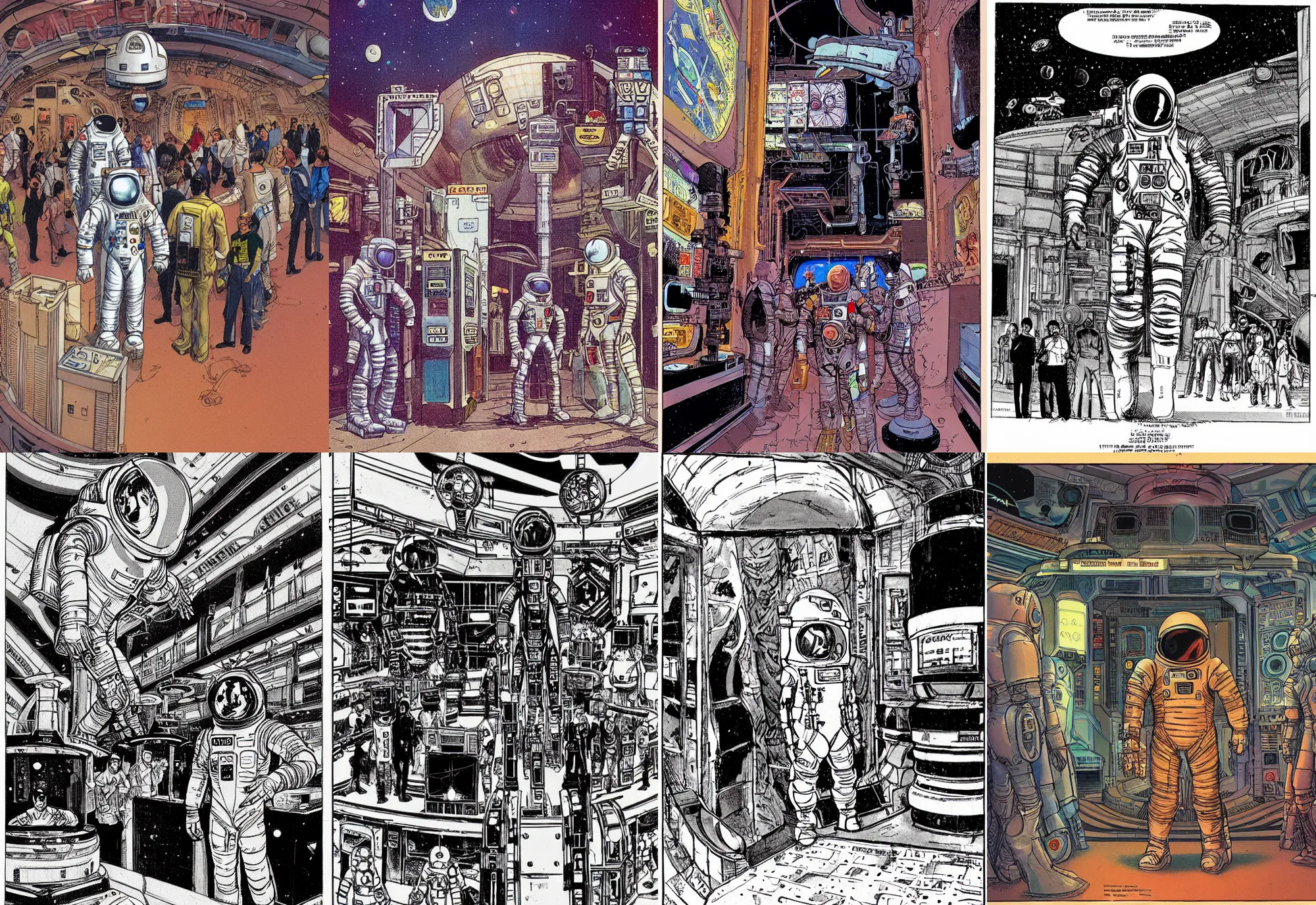 Prompt: an astronaut standing in the entrance to a bustling cyberpunk casino on mars, filled with people, robots, cyborgs, aliens, by michael mw kaluta