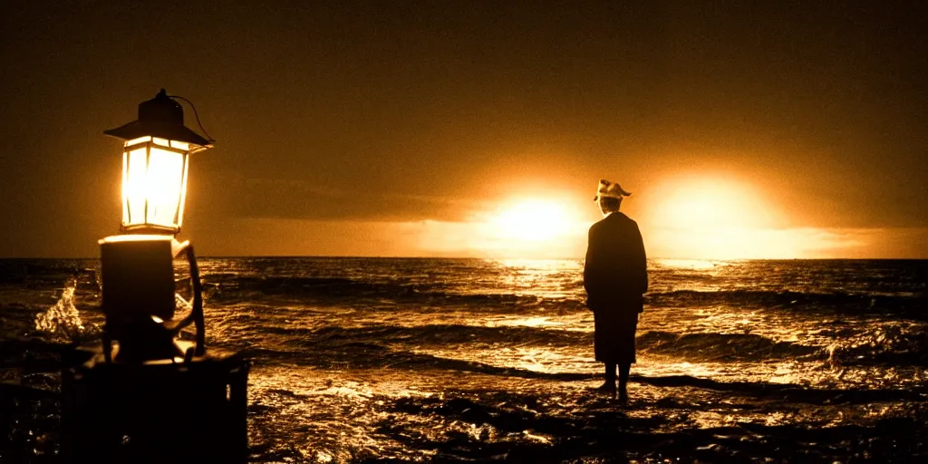 Image similar to film still of closeup old man holding up lantern by his beach hut at night. pirate ship in the ocean by emmanuel lubezki