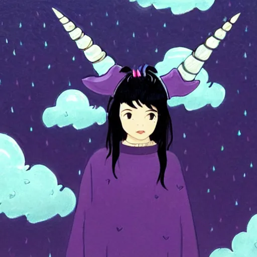 Prompt: A black-haired woman with a unicorn horn on her head on a rainy day with purple clouds and spaceships on the horizon in Toronto, Studio Ghibli style”