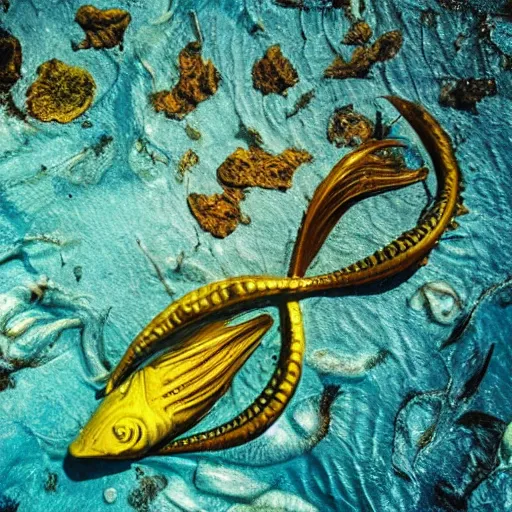 Image similar to alien fish swimming on the ocean bed, deep blue ocean color, some plant life, alien landscape