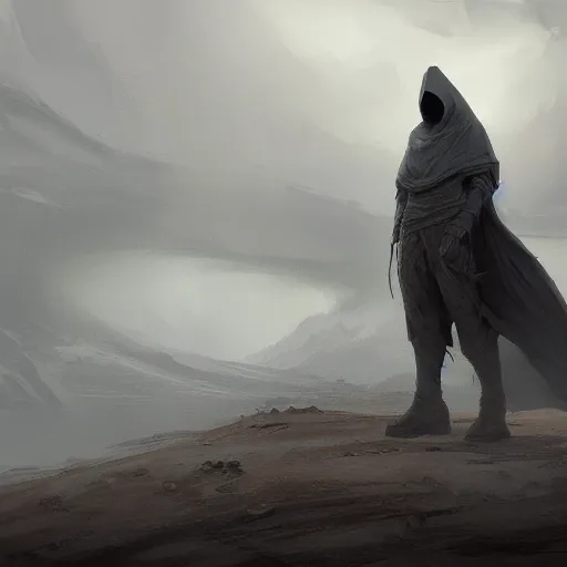 Prompt: concept art of a small hooded figure standing in a barren field looking at a colossal beast, by Andreas Rocha + Ted Nasmith, dark, epic, masterpiece, highly detailed, 8k resolution, trending on art station