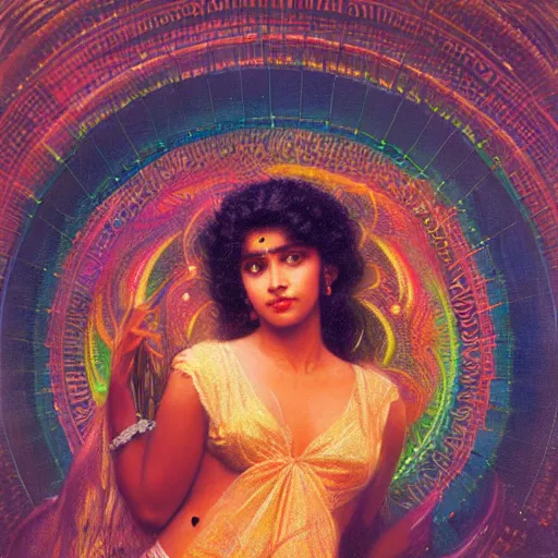 Image similar to 8 0 s srilankan woman with futurestic neon lights painting by gaston bussiere, craig mullins, j. c. leyendecker, lights, art by ernst haeckel, john william godward, hammershøi,,