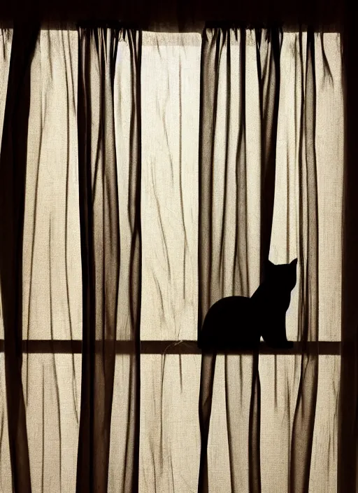 Image similar to a cat silhouette behind a transparent window curtain