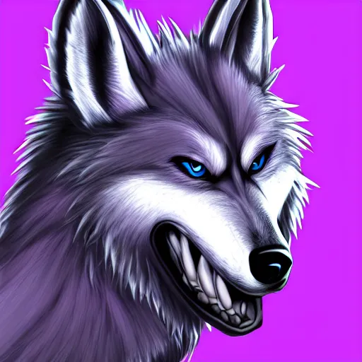 Image similar to An anthropomorphic purple wolf character with spiky white hair, furry fandom, digital painting, detailed