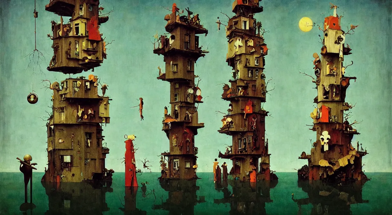 Image similar to single flooded simple!! doll tower totem!! pole, very coherent and colorful high contrast masterpiece by norman rockwell franz sedlacek hieronymus bosch dean ellis simon stalenhag rene magritte gediminas pranckevicius, dark shadows, sunny day, hard lighting