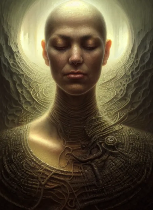 Image similar to closeup portrait shot of a meditation in a dungeon in a scenic dystopian environment, intricate, elegant, highly detailed, centered, digital painting, artstation, concept art, smooth, sharp focus, illustration, artgerm, tomasz alen kopera, peter mohrbacher, donato giancola, joseph christian leyendecker, wlop, boris vallejo