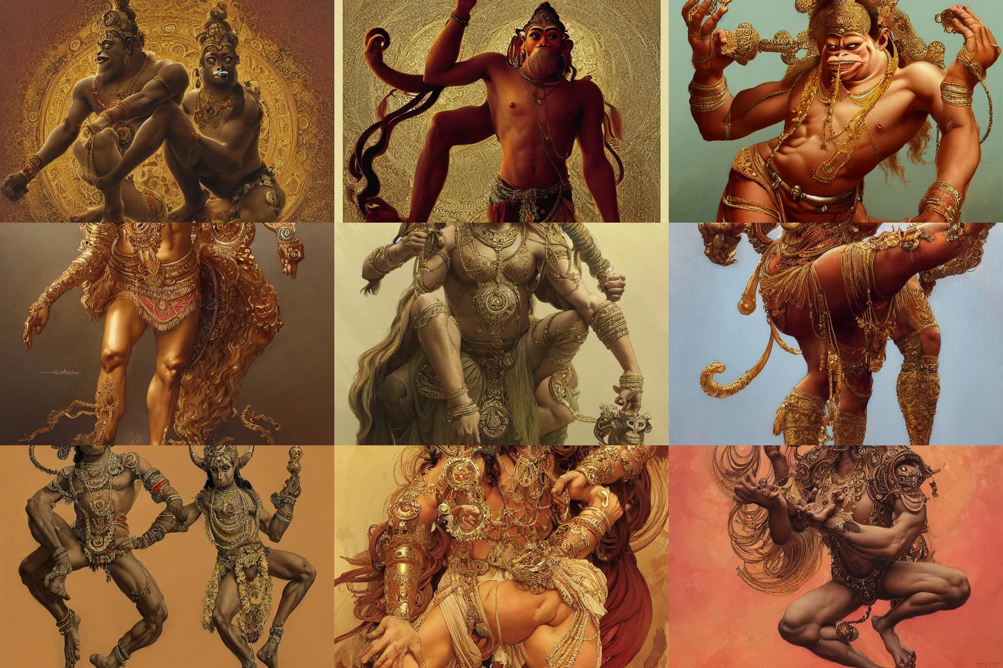 Prompt: a full body portrait of a beautiful ornated hanuman god, doing a side split!!!!!, intricate, elegant, highly detailed, digital painting, artstation, concept art, smooth, sharp focus, digital illustration, art by krenz cushart and artem demura and alphonse mucha