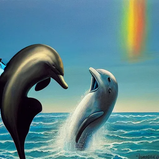 Prompt: a hyper realistic painting of the grim reaper sitting on of a dolphin jumping over a rainbow, by james c christensen and stephen gammel,