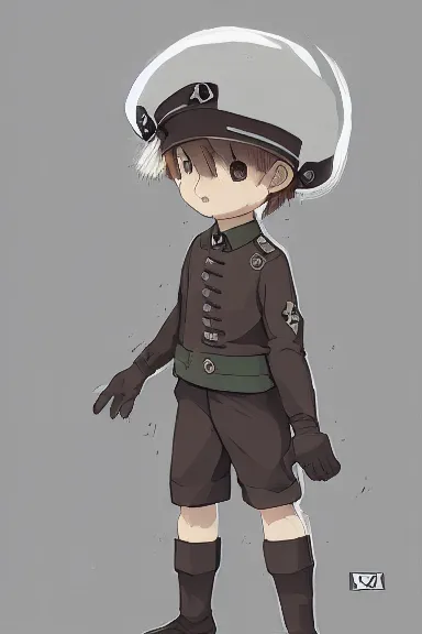 Image similar to beautiful little boy in nazi male uniform. made in abyss art style, sharps focus, pose, cute detailed artwork, anatomically correct, ilya kuvshinov, reflection, perfect composition, wallpaper mobile, digital art, detailed anime soft face, symmetrical face, western comic, illustration, realistic, smooth, lois van baarle, soft details, biomechanic