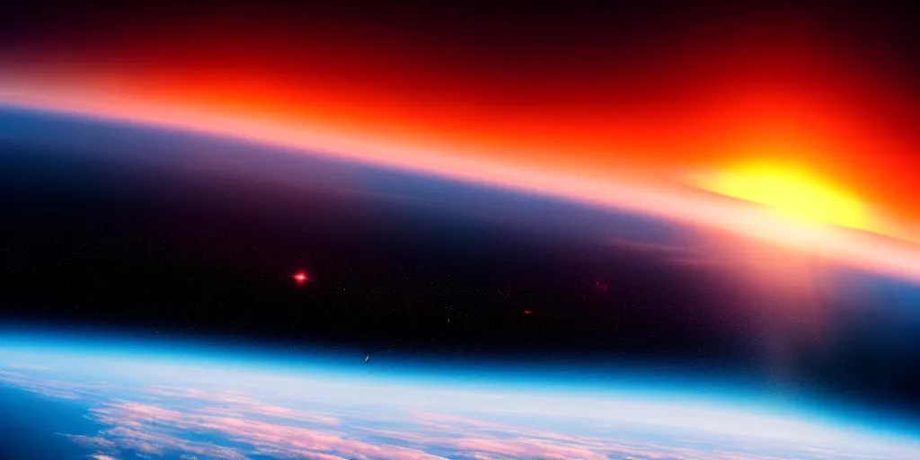 Image similar to a view of a sunset from low earth orbit, the black void of outer space is visible, photograph, space, cinematic, 4 k, detailed, satellite imagery, beautiful view, cosmic