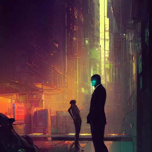Prompt: two cyberpunk businessmen, detailed digital illustration by greg rutkowski, cyberpunk back alley, nighttime, colorful lighting