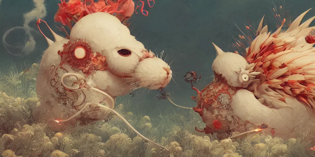 Image similar to a little cute strange japanese animal illustrated by miyazaki by karol bak, james jean, tom bagshaw, rococo, sharp focus, trending on artstation, cinematic lighting, hyper realism, octane render, 8 k, hyper detailed, vivid, ultra detailed, highly detailed, zbrush