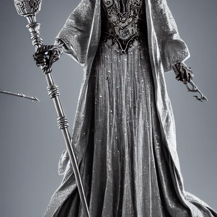 Image similar to photograph of a real-life beautiful lunar witch with intricate silver robes and staff. Extremely detailed. 8k