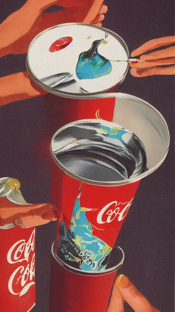 Prompt: 1 9 8 0 s airbrush surrealism illustration of a can of coke by roger dean