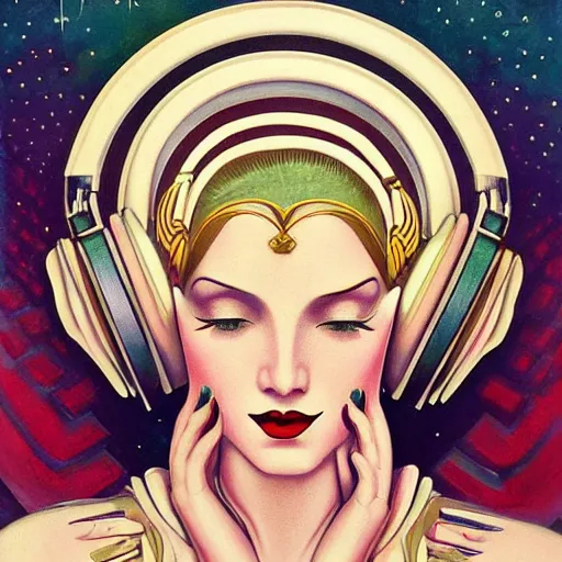 Prompt: intricate, amazing, art deco, retro vintage and romanticism, painting by march hares, soft color palette, highly detailed, godess with headphones from space sci - fi of ancient religion