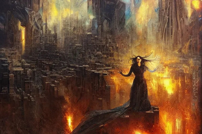 Prompt: a hero who makes things explode by looking at them standing in front of a burning city, concept art by Karol Bak